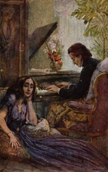 Postal que representa a George Sand (1804-76) escuchando a Frederic Chopin (1810-1849) tocar el piano, 1917